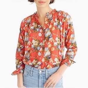 J Crew Liberty Top Womens 6 Boho Preppy Josephine Floral Ruffle Popover Oversize